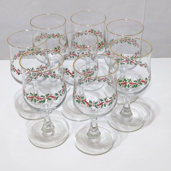 Libbey Holiday Christmas Wine Glasses w/ Gold Trim Holly Berry Design Set of 8 - Picture 3 of 14